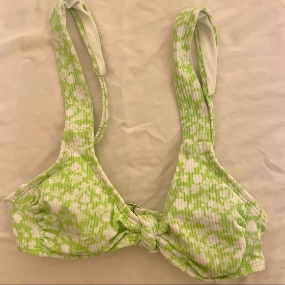 🌻HP🌻Xhilaration XS Ribbed KnotFront Bralette Bikini Top Green Floral Print - Picture 3 of 9